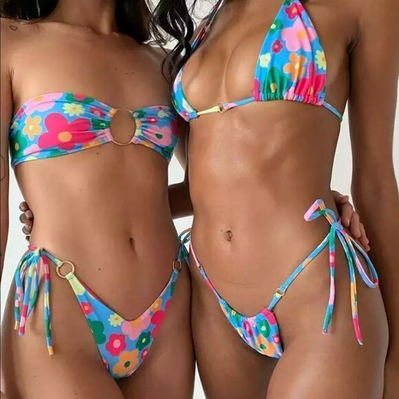 NEW! Y2K Retro Floral Print Stringy O-Ring Detail Triangle Bikini /5 Styles in 1 - Picture 2 of 14